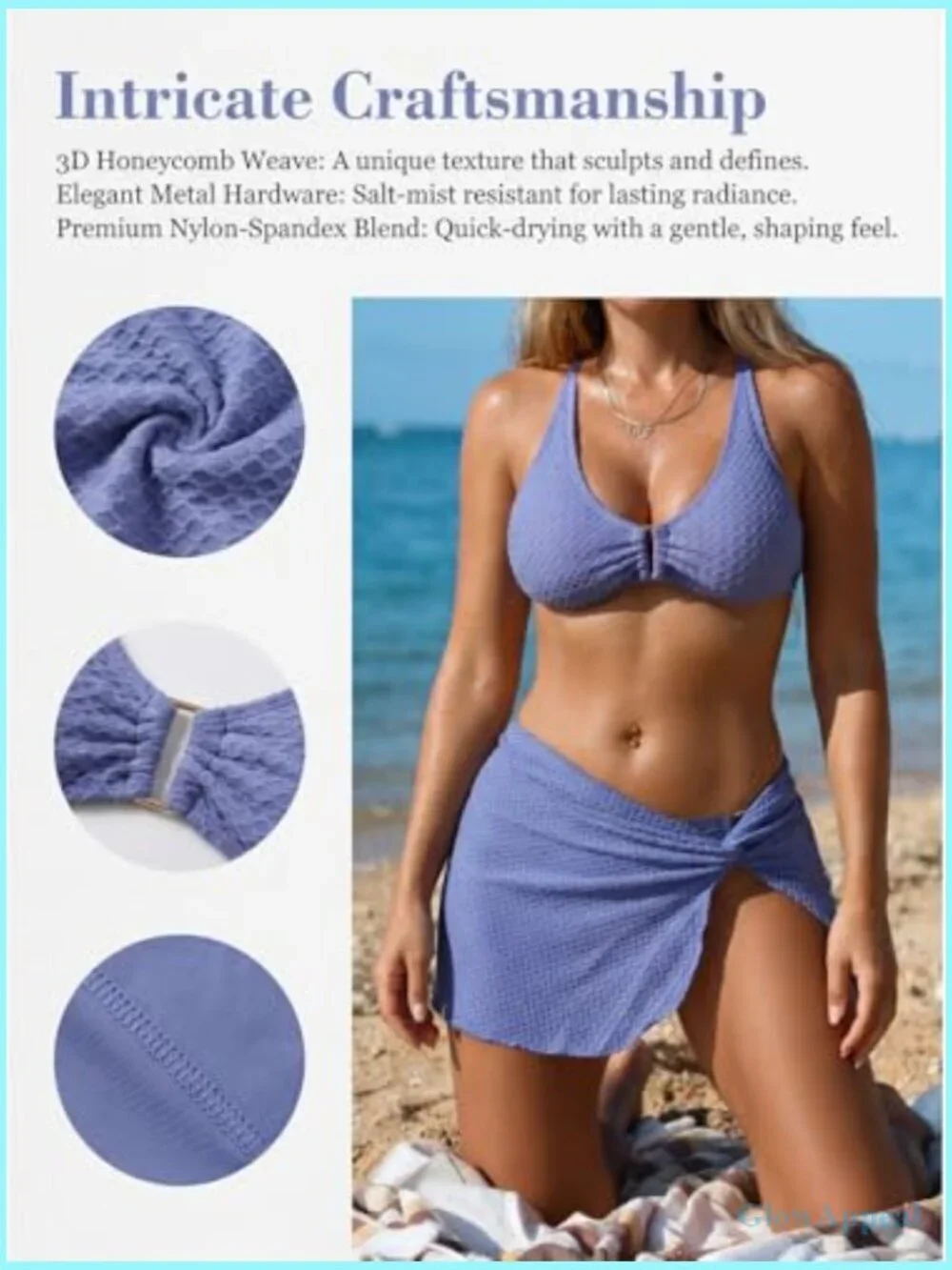 3 Piece Triangle Bikini Set with Twist Sarong, Adjustable Straps, Removable Cups
